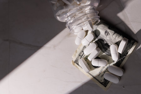 A visual metaphor for the financial burden of medical treatment showing white medication capsules on...
