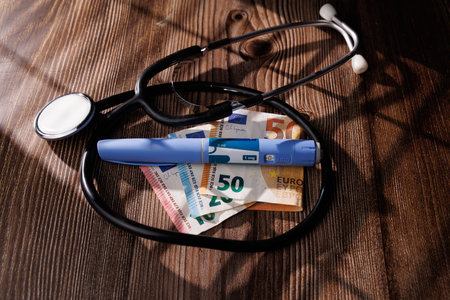Medical GLP-1 pens and a stethoscope on euro bills over a dark wood surface show the price of weight loss and type 2 diabetes managementの写真素材
