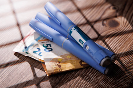 Professional image of semaglutide GLP-1 injectors on a dark wood surface with euro money represents the expensive price of health and weight controlの写真素材