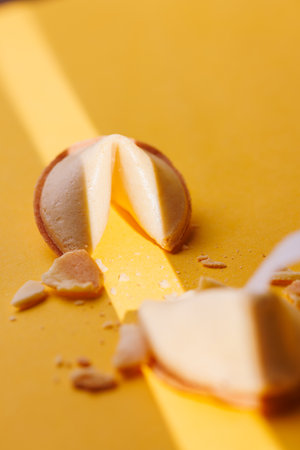 Authentic fortune cookies on a vibrant yellow surface. The sharp light play highlights the golden texture of these traditional celebration snacks.の写真素材