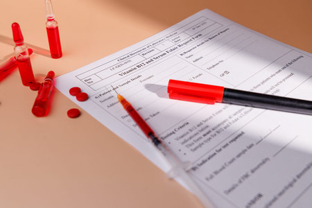 Injectable B12 vials with red tablets and a syringe. Ideal for representing clinical nutrition, blood test requests and professional wellness shots.の写真素材