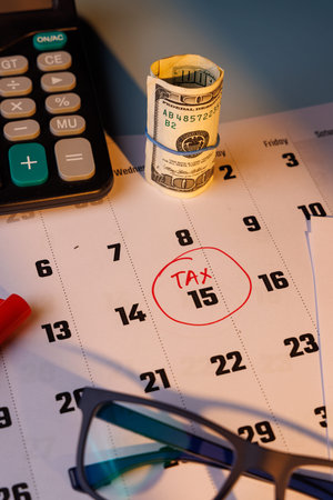 Financial tax season reminder with a 100 dollar bill and color Form 1040. Natural light hits the desk with blue glasses, markers and IRS paperwork.の写真素材