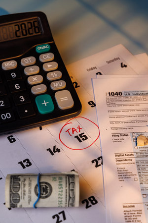 Modern office desk with a tax deadline reminder and color IRS Form 1040. Natural lighting on the...