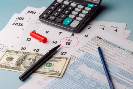 US Tax Day is coming. Marked calendar on a desk with color Form 1040 and cash. Perfect for...
