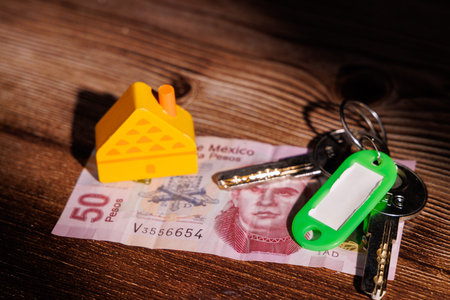 Concept of expensive housing in Mexico with a toy house on Peso cash. Ideal for representing...