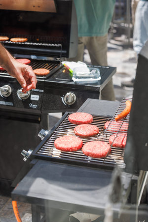 Detailed view of grilling meat on a bright day. Ideal for illustrating garden leisure, outdoor cooking, weekend food habits and family lunch ideas.
