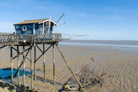 Medoc, in France: fisherman's hut on stilts or 'Carrelet' at Richard Lighthouse on the Gironde estuaryの写真素材