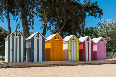 Oleron island (Charente-Maritime, France). Traditional beach cabins of the small seaside resort La BrÃ©e Les Bainsの写真素材
