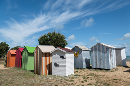 Saint-Denis d'Oleron, Oleron island in Charente-Maritime, France. The traditional beach cabins of La Boirie beachの写真素材
