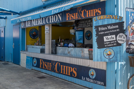 Saint-Pierre-d'Oleron, France - April 18 2023. Le Merluchon takeaway fish and chips restaurant, on the fishing port La Cotiniereのeditorial素材