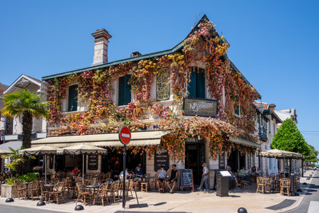 Remarkable for its facade decorated with artificial multi-colored flowers, the Maison Gambetta brasserie is an institution in the seaside resort.のeditorial素材