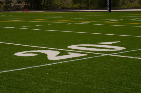 American Football 20 yard line marker in white on green artifical turf