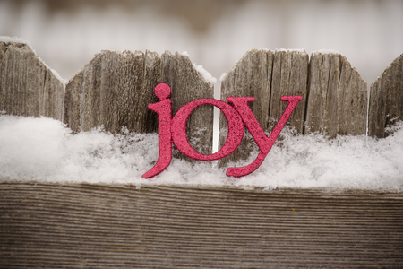 red letters spll joy against rustic fence4の写真素材