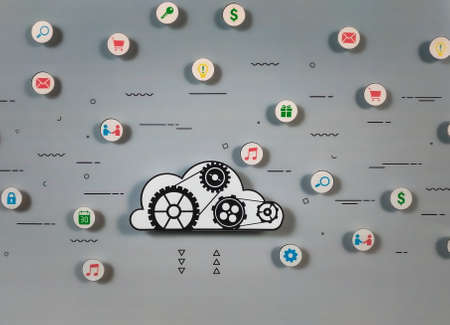Cloud services for e-business concept. Commercial and social icons server traffic interacting in a...