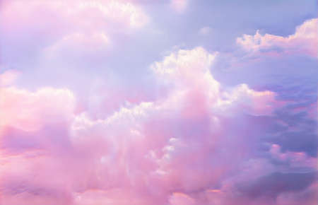 Illustration of bright pink sky with fluffy clouds