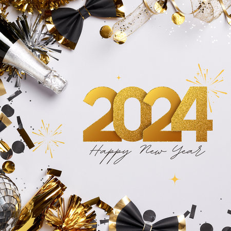 Happy New Year background with champagne bottle, confetti and gift boxes.