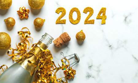 Happy New Year and Merry Christmas concept. Champagne bottle and golden decorations on white marble...