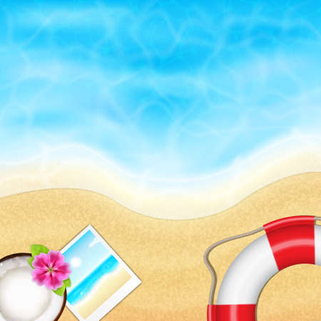 Summer vacation background. Topical sea and beach with coconut, flower, lifebuoy and photo frame. EPS10 vectorのイラスト素材