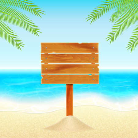Summer vacation background. Tropical background with wooden plank and palm leaves. EPS10 vectorのイラスト素材