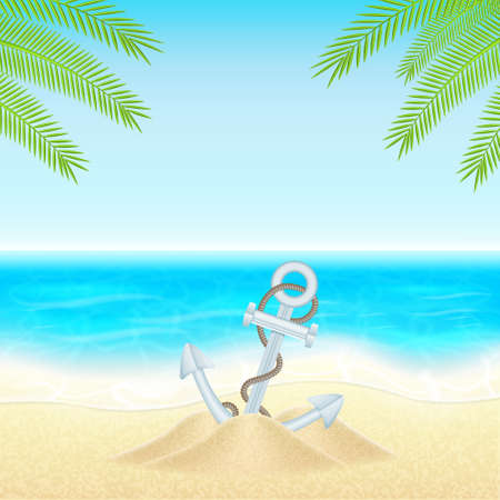 Summer vacation background. Tropical sea and beach with anchor. vectorのイラスト素材