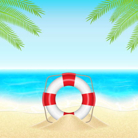 Summer vacation background. Tropical sea and beach with lifebuoy. vectorのイラスト素材