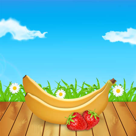 Background with strawberries and banana on wood. Summer time. Time for a picnic. Grass and chamomile. High quality vector. EPS10 vectorのイラスト素材