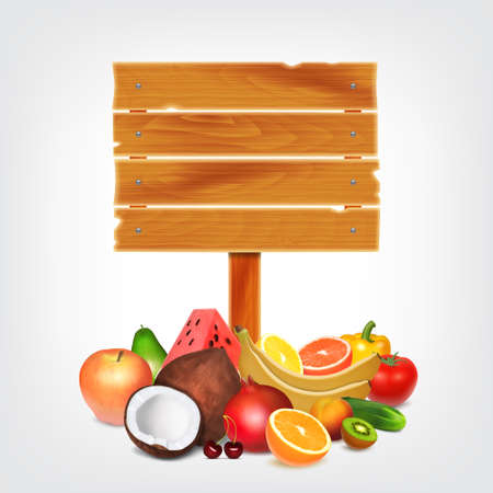 Fruits and vegetables with wooden plank.  vectorのイラスト素材