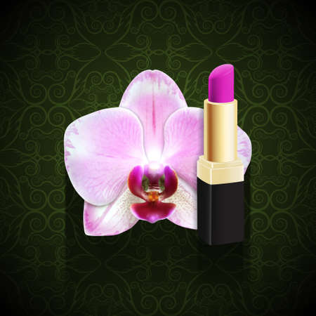 Orchid with pink lipstick with long shadow on green ornate background. Vector icon. EPS10 vectorのイラスト素材