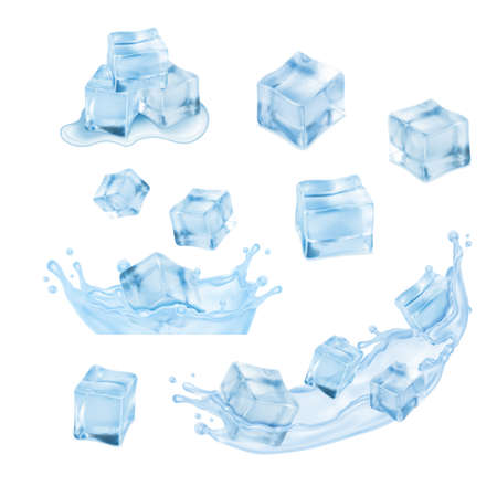 Ice cubes with water splash. Vector icon set.のイラスト素材