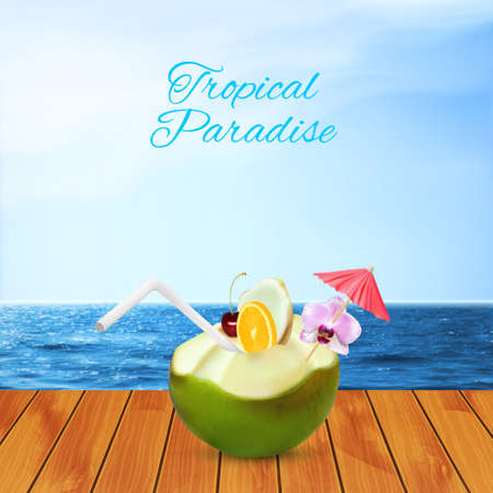Tropical paradise. Green coconut cocktail on a wooden surface with drinking straw. Tropic cocktail.のイラスト素材