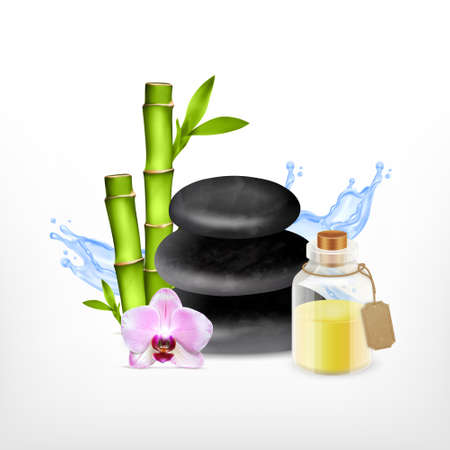 Spa concept. Spa stone with bamboo, orchid and essential oil jar. Vector icon. EPS10のイラスト素材