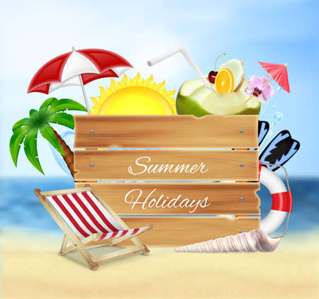 Summer background. Wood banner with umbrella, lounge chair and cocktail. Summer holidays concept. 3d illustration. ESP10 vectorのイラスト素材