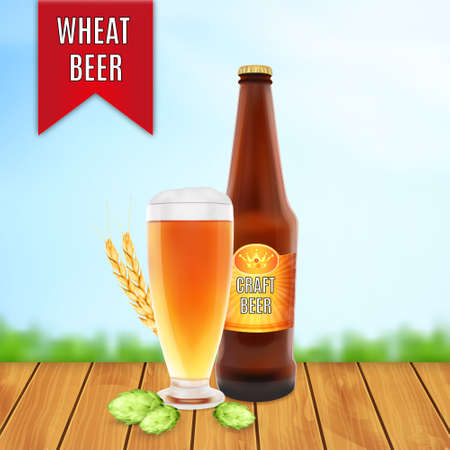 Beer glass with hop plant, wheat and bottle on a blurred nature background. Wheat beer concept. 3d illustration. EPS10 vectorのイラスト素材