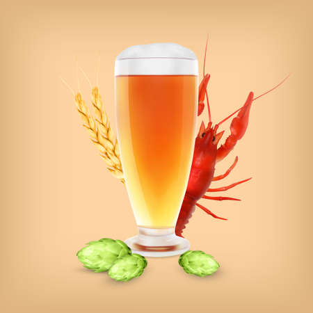 Beer glass with hop plant and wheatのイラスト素材