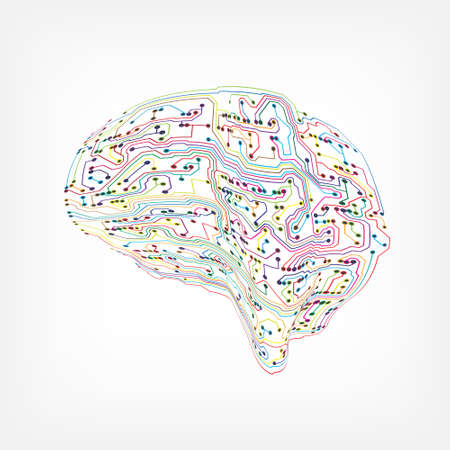 Circuit board in brain form in a colorful lines designのイラスト素材