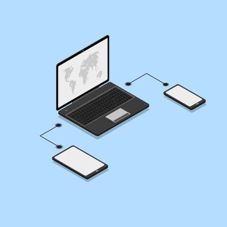 Different devices connected in network Isometric Illustration.のイラスト素材