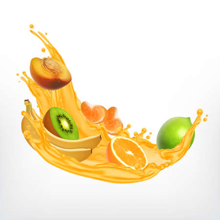 Splash of juice with fruit slices in realistic Illustration.のイラスト素材