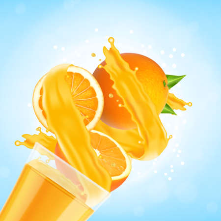 Orange juice splash with glass and orange fruit. Vector illustration. EPS10のイラスト素材