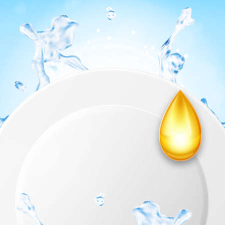 Plate with water splash and yellow drop. Dishwashing concept. EPS10 vectorのイラスト素材