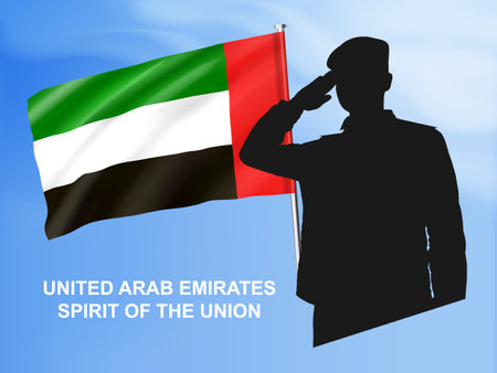 Silhouette of a solider saluting with UAE flagのイラスト素材