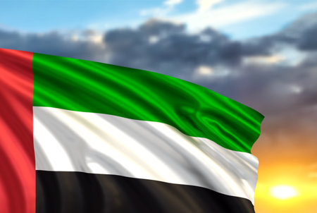 UAE flag on background of sunsetの写真素材