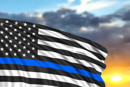 Thin Blue Line. American flag with police blue line on a background of sunset. Support of police and...