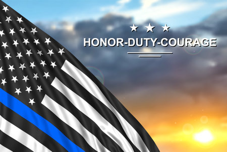 Thin Blue Line. American flag with police blue line on a background of sunset. Support of police and law enforcementの写真素材