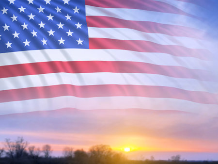 USA flag on background of sunset or sunrise. Greeting card for Veterans Day or Memorial Day. 3d-imageの写真素材