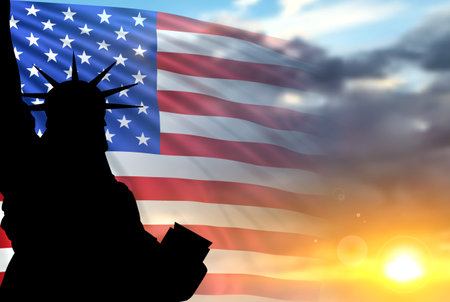 SIlhouette of Statue of Liberty on the background of flag USA and sunset or sunrise. 3d-image