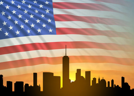 New York City Skyline with USA flag on a sunset or sunrise. 3d-imageの写真素材