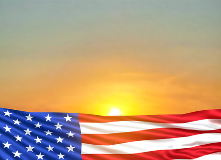 USA flag on background of sunset or sunrise. Greeting card for Veterans Day or Memorial Day. 3d-imageの写真素材