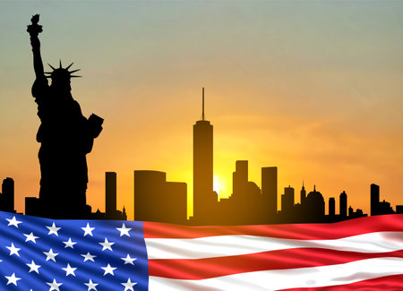 Silhouette of the Statue of Liberty over the Scene of New york cityscape with USA flag on a sunset. 3d-imageの写真素材