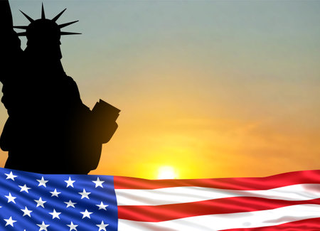 SIlhouette of Statue of Liberty on the background of flag USA and sunset or sunrise. 3d-imageの写真素材