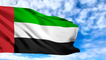 Flag of United Arab Emirates on sky. UAE celebration. 3d-imageの写真素材
